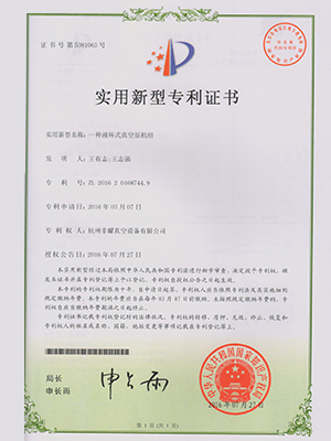 液環(huán)式真空泵機組專利證書